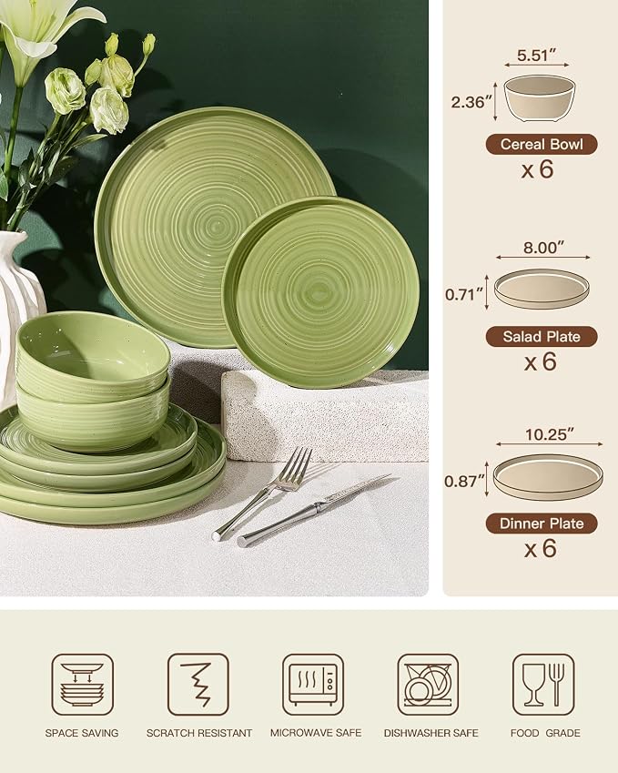 Dinnerware Sets for 6, Ceramic Plates & Bowls, Olive Green | 18-Piece Ceramic