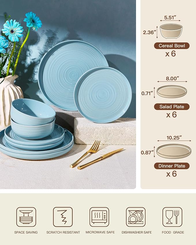 Dinnerware Sets for 6, Ceramic Plates and Bowls, Ice Blue | 18-Piece Ceramic
