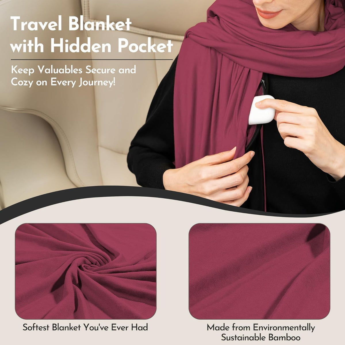 16-in-1 Compact Travel Blanket with Bag – Reversible, Ultra Soft Bamboo Airplane Blanket with Hidden Pocket - Lightweight & Packable for Flights, Camping, Picnic, Travel Essentials