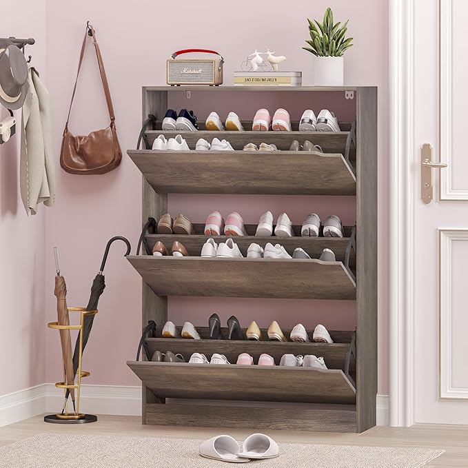 Shoe Cabinet with 3 Flip Drawers, Hidden Wood Shoe Cabinet,Freestanding Shoe Storage Cabinet for Entryway Hallway