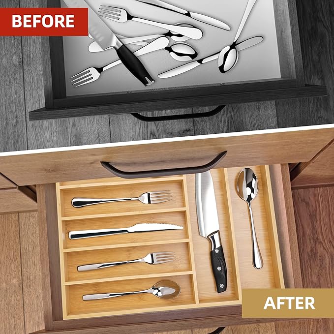 Silverware Organizer Kitchen Drawer Organizer Utensil Organizer Bamboo Silverware Holder Cutlery Organizer in Drawer Flatware Organizer Tray(7 slots, Natural