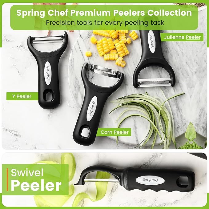 Spring Chef Premium Y & Vegetable Julienne Peeler Set for Kitchen with Stainless Steel Sharp Blades - Carrot Peelers with Comfortable Handles - Perfect for Zucchini, Cucumber, Papaya, Potato - Black