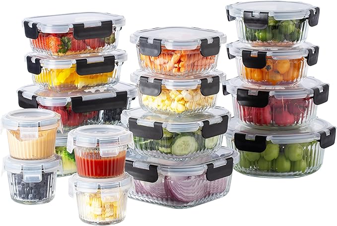 COOK WITH COLOR Premium 32-Pc. Borosilicate Glass Food Container Set with Dividers - 4 Rectangles, 8 Rounds, 4 Squares - Leakproof Lids - Meal Prep, Storage, Fluted Ombre Black
