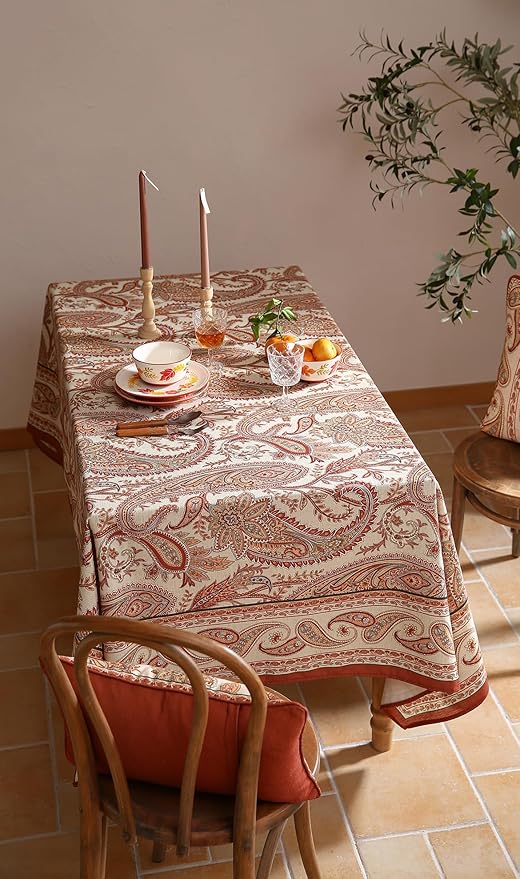 ISAENNE Designer French Red Long Rectangle Tablecloth,Linen Table Cloth with Cashew Pattern,Stain Proof Decor Tablecloths for Dining Thanksgiving Kitchen Christmas,63"*102"-Chauffrey D