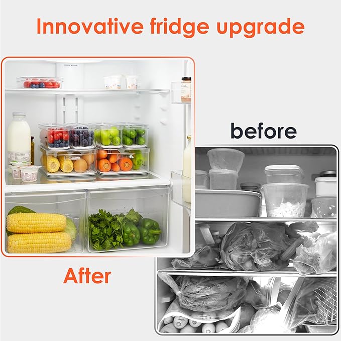Fridge Organizers and Storage, 6 Pack Clear Freezer Organizer Bins with Lids for Kitchen, Pantry, Refrigerator, Food, Fruit, Vegetable Storage
