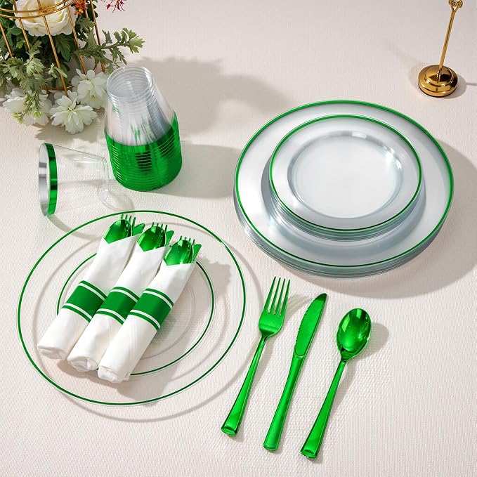 SUT 350 Pcs Green and Clear Plastic Dinnerware Set