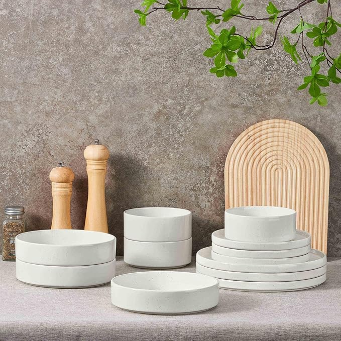 Herogo 24 Piece Dinnerware Sets with Pasta Bowls for 6, Dinner Salad Plates and Cereal Serving Bowls, Stoneware Dishes Dinner Ware for Kitchen Dining, Dishwasher & Microwave Safe, Speckled White