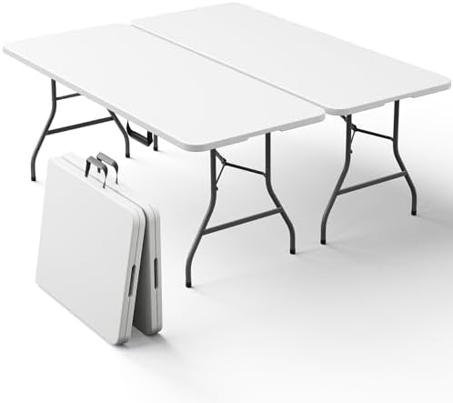 2 Pack 6ft Folding Table, Foldable Picnic Table Portable Table for Indoor Outdoor Use Heavy Duty Plastic Table Camping Table with Carry Handle for Party, BBQ, White