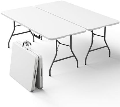 2 Pack 6ft Folding Table, Foldable Picnic Table Portable Table for Indoor Outdoor Use Heavy Duty Plastic Table Camping Table with Carry Handle for Party, BBQ, White