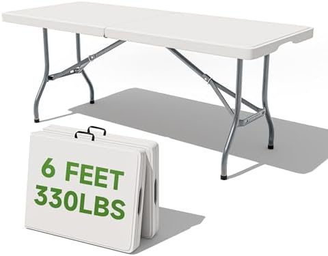 Folding Table 6 Foot - Heavy Duty 330LBS Capacity, Sturdy & Foldable Design with Safety Lock - Portable Tables Folding for Camping, Party, Indoor & Outdoor Use, 2 Pack