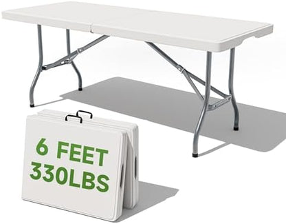 Folding Table 6 Foot - Heavy Duty 330LBS Capacity, Sturdy & Foldable Design with Safety Lock - Portable Tables Folding for Camping, Party, Indoor & Outdoor Use, 2 Pack