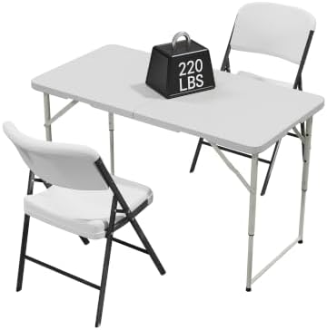 HULKFIT Portable 3-Piece Folding Table and Chairs Set, Heavy Duty 4ft Camping & Party Furniture for Indoor Outdoor Events, White