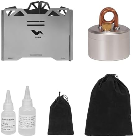 UJU Alcohol Camping Stove Set, Portable Flat Bottom Alcohol Burner, Wind-Resistant Outdoor Cooking Stove with Windscreen, Storage Bag & 2 Empty Bottles for Backpacking, Hiking & Camping, Silver