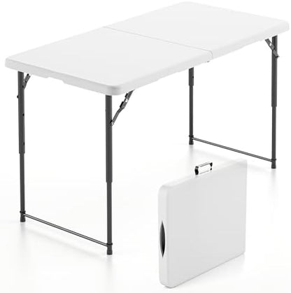 SKONYON 4 Foot Folding Table Heavy Duty Portable Fold-in-Half Plastic Utility Table Small Indoor Outdoor Adjustable Height Folding with Carrying Handle, Camping and Party, Portable White
