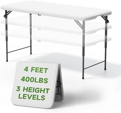 4FT Folding Table, 3 Adjustable Height & Heavy Duty, Double-Layer HDPE with Steel Legs, Foldable Table for Camping, Parties, Picnics, White, 10 Pack