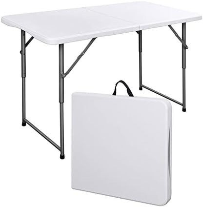 SKONYON Folding Table 4 Foot Height Adjustable Fold-in-Half Table with Carrying Handle, Small Card Table Indoor Outdoor Use, White