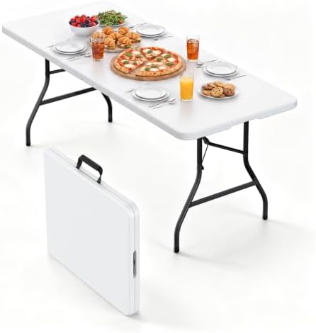 Folding Table, 6FT Foldable Picnic Table with Carrying Handle, Heavy Duty Fold-in-Half Portable Table for Weddings, Camping, RV Travel, Parties, BBQs, and Indoor Use, Easy to Fold and Store, White
