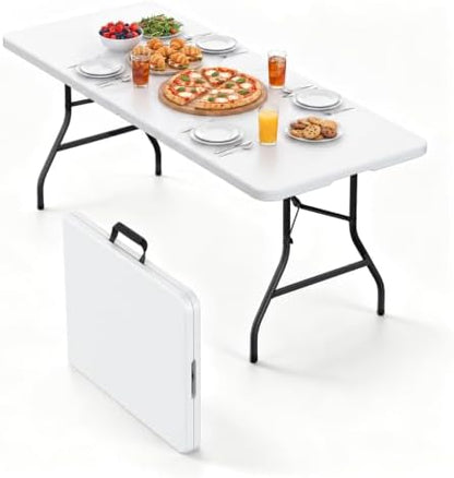Folding Table, 6FT Foldable Picnic Table with Carrying Handle, Heavy Duty Fold-in-Half Portable Table for Weddings, Camping, RV Travel, Parties, BBQs, and Indoor Use, Easy to Fold and Store, White
