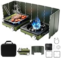 2 Burner Portable Camp Stove, 24000 BTU Propane Camping Stove with Windshield, Folding Gas Stove with Carry Bag, Compact Camping Essentials Gear for BBQ, Picnic, Outdoor Cooking, Grilling, Green