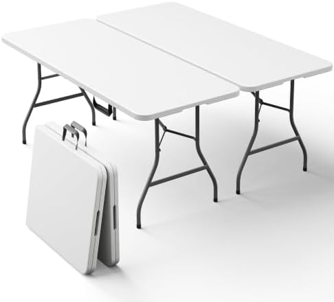 2 Pack 5ft Folding Table, Foldable Picnic Table with Carrying Handle, Heavy Duty Fold-in-Half Portable Table for Weddings, Camping, RV Travel, Parties, and Indoor Use, Easy to Fold and Store, White
