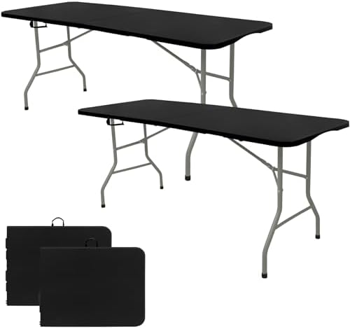 Set of 2 Folding Table 5 FT Camping Table Portable Heavy Duty Plastic Rectangular Outdoor Dining Table Steel Legs Fold-in-Half with Carrying Handle for Indoor,Picnic,Party,Wedding,Events(Black)