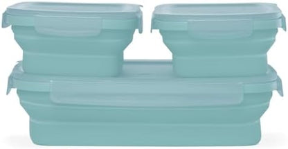 Drip EZ Secondz Collapsible Food Storage Containers (set of 3) - Meal Prep, Leftovers, Lunch, Camping, Hiking - Dishwasher & Microwave Safe - BPA-free Silicone - Locking Lids - Ice Blue
