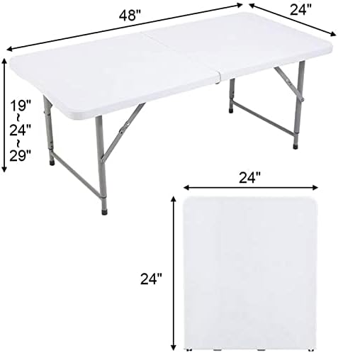 SKONYON Folding Table 4 Foot Height Adjustable Fold-in-Half Table with Carrying Handle, Small Card Table Indoor Outdoor Use, White