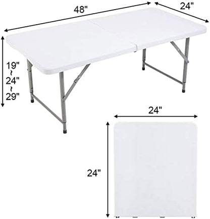 SKONYON Folding Table 4 Foot Height Adjustable Fold-in-Half Table with Carrying Handle, Small Card Table Indoor Outdoor Use, White