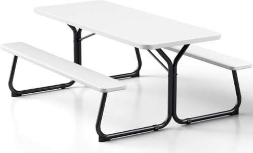 6 FT Picnic Table with Attached Benches, Outdoor Picnic Bench Table for 8 People, Heavy Duty Steel Frame, 600 LBS Weight Capacity, Patio Dining Table for Backyard, Park, Garden, School