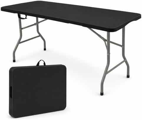 HAISIWLKJ Folding Table 6 FT Lightweight Camping Table Black Portable Plastic Rectangular Outdoor Dining Table Steel Legs Fold-in-Half with Carrying Handle for Indoor,Picnic,Party,Wedding,Events