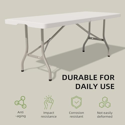 Folding Table 6 Foot - Heavy Duty 330LBS Capacity, Sturdy & Foldable Design with Safety Lock - Portable Tables Folding for Camping, Party, Indoor & Outdoor Use, 2 Pack