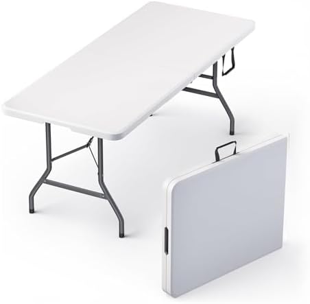 6 Feet Foldable Table with Built in Handle & Steel Legs | 6FT Heavy Duty Folding Portable | Perfect for Party, Dining, Wedding, Events, Picnic Indoor, Outdoor, Camping, Utility, Folding - 6 Foot
