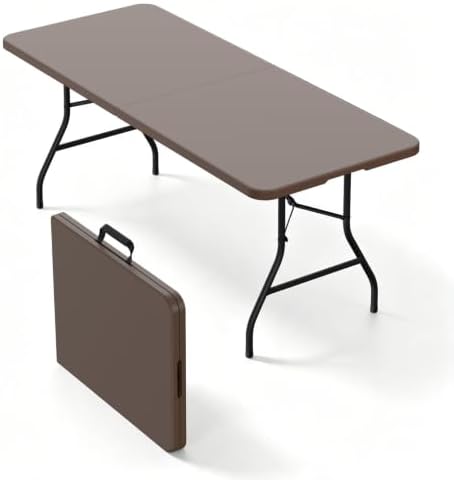 6ft Folding Table, Foldable Picnic Table Portable Table for Indoor Outdoor Use Heavy Duty Plastic Table Camping Table with Carry Handle for Party, BBQ, Brown