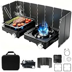 2 Burner Camp Stove 24000 BTU, Portable Propane Camping Stove with Windshield, Foldable Gas Stove with Adjustable Burners, Carry Bag, Camping Cooking Set for RV, Tailgating, Survival, Black