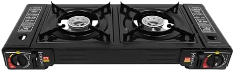 2 Burner Portable Butane Camping Stove, Dual Fuel Stove with Adjustable Burners, Automatic ignition Camping Stove with Butane & Propane Compatibility for Camping Home Backyard Cooking