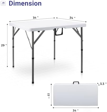 34" Square Folding Card Table,Fold-in-Half Utility Portable Table,White