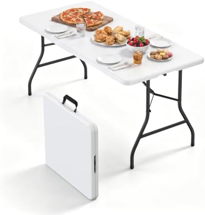 Folding Table, 5FT Foldable Picnic Table with Carrying Handle, Heavy Duty Fold-in-Half Portable Table for Weddings, Camping, RV Travel, Parties, BBQs, and Indoor Use, Easy to Fold and Store, White