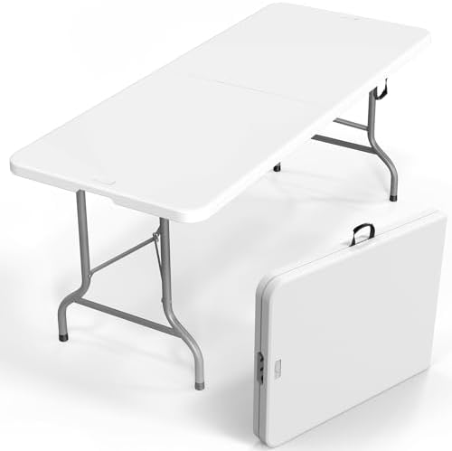 VINGLI 6 Foot Plastic Folding Table Portable Long Table for Indoor Outdoor Use Rectangular with Carrying Handle, Smooth HDPE Tabletop, White