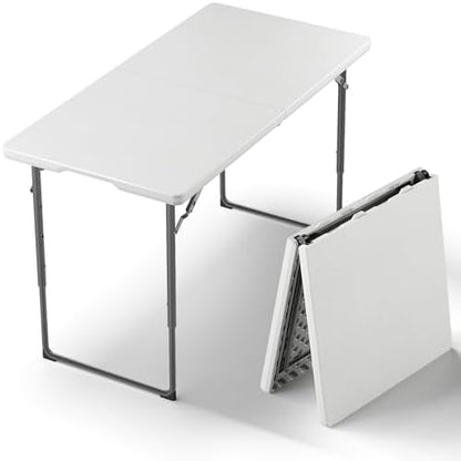 Folding Table, 4FT Foldable Picnic Table with Adjustable Height, Heavy Duty Fold-in-Half Portable Table for Weddings, Camping, RV Travel, Parties, BBQs, and Indoor Use, Easy to Fold and Store
