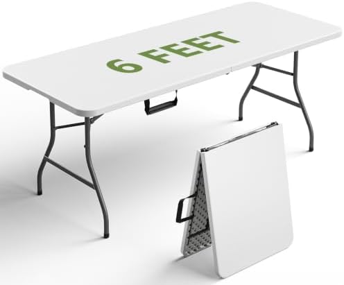 Folding Table 1 Pack, 6FT Folding Table Portable with Built-in Handle, Heavy Duty Plastic Table with Steel Legs Supports to 300lbs, Suitable for Party, Camping, Events Indoor&Outdoor Use, White