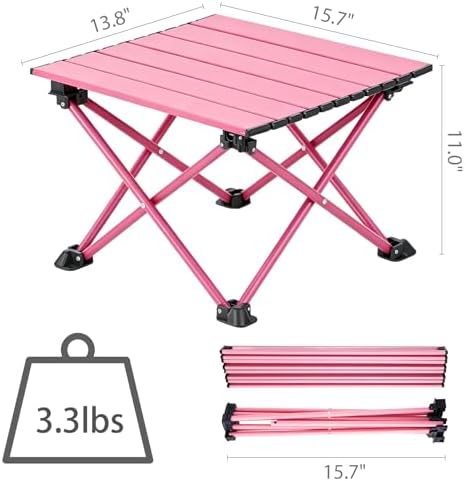 Wind Tour Roll-Up Camping Table, 4-Person Lightweight Portable Outdoor Table with Carry Bag for Picnics BBQ Travel (15.7”x13.7”x11” | Pink)
