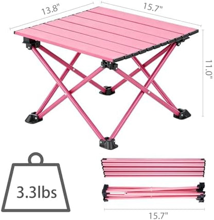 Wind Tour Roll-Up Camping Table, 4-Person Lightweight Portable Outdoor Table with Carry Bag for Picnics BBQ Travel (15.7”x13.7”x11” | Pink)