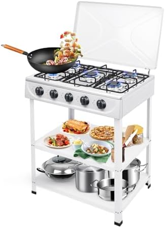5 Burner Propane Portable Gas Stove, Gas Burners for Cooking Outdoor with Support Leg Stand Adapter Auto Ignition Cooktop Stove Top for RV, Apartment, Outdoor Cooking (White)