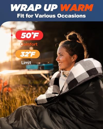 MEREZA Flannel Sleeping Bag for Adults Mens with Pillow, XL Cold Weather Sleeping Bag for 30 Degree 4 Season Camping Large Big and Tall Sleeping Bags with Compression Sack