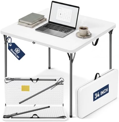 34" Square Folding Table for 4 Person, 330lbs Weight Capacity Foldable Table with HDPE Tabletop & Heavy-Duty Steel Legs, Large Portable Picnic Table for Indoor Outdoor Parties, Camping, White