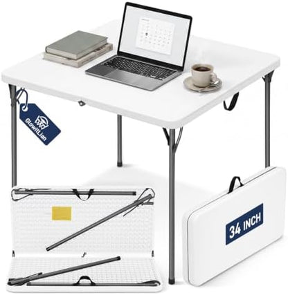 34" Square Folding Table for 4 Person, 330lbs Weight Capacity Foldable Table with HDPE Tabletop & Heavy-Duty Steel Legs, Large Portable Picnic Table for Indoor Outdoor Parties, Camping, White