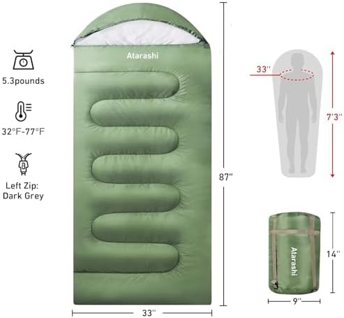 Atarashi Camping Sleeping Bag- 4 Seasons for Adults, Light, Warm, Extra-Large with Compression Sack- Great for Hiking, Backpacking & Outdoor Adventures