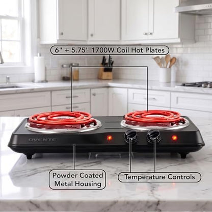 OVENTE Electric Double Burner, 1700W Coil Hot Plate, Black BGC102B