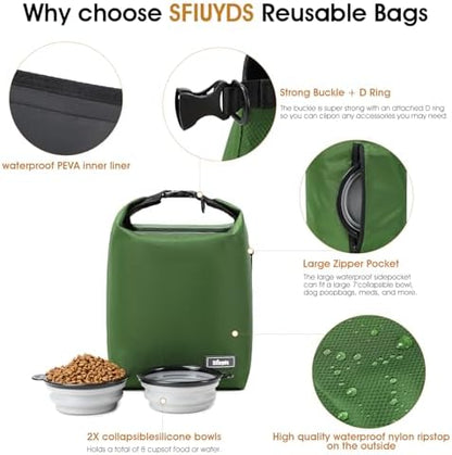 Dog Food Travel Bag with 2PCS Collapsible Dog Travel Bowls Air Tight Dog Food Storage Container(Green, Small)