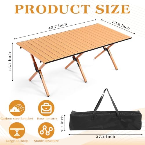 Suzile 2 Pack 4FT Folding Camping Table, Roll Up Portable Camp Table with Carry Bag, Low Collapsible Lightweight Aluminum Outdoor for Camping, Picnic, Beach, Patio, Kitchen (Yellow Wood Color)